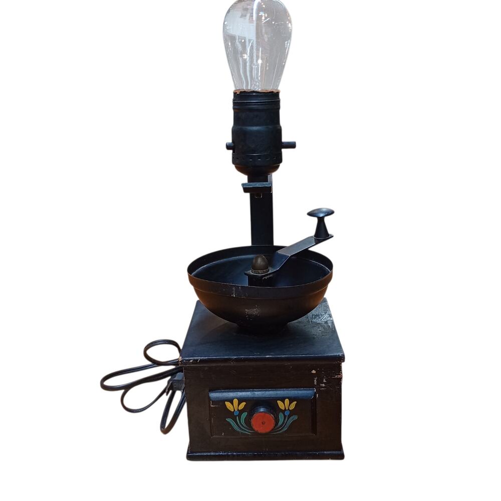 Vintage Primitive Coffee Grinder Lamp - Whimsy Folk Art Painted; Working